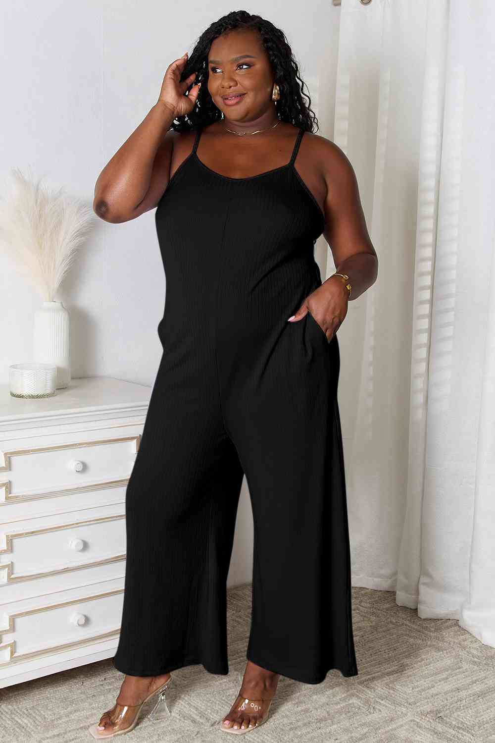 Basic Bae Full Size Spaghetti Strap V-Neck Jumpsuit Black