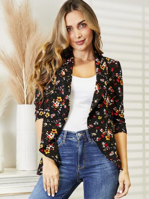 Full Size Floral Print Collared Neck Jacket Multicolor