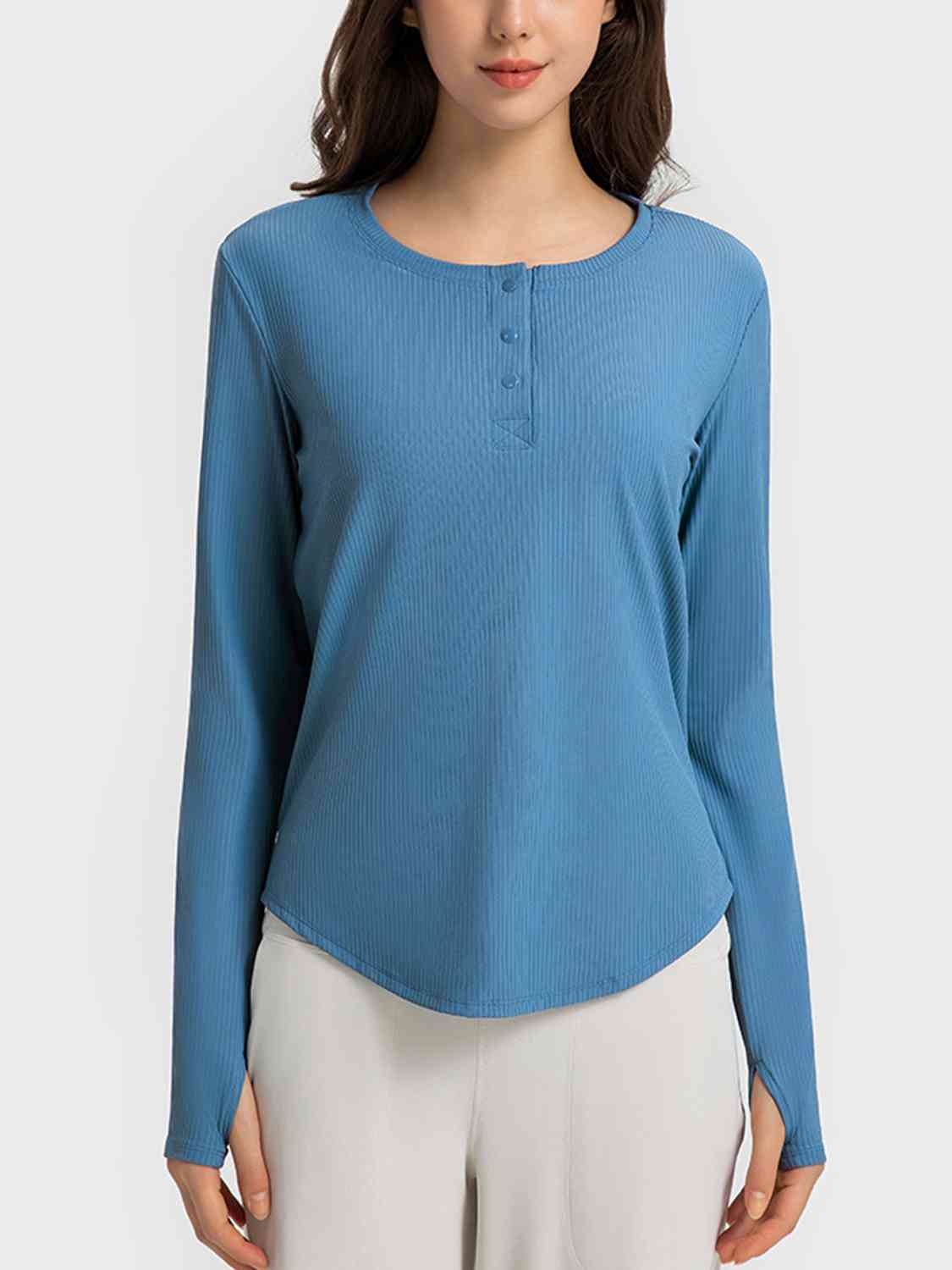 Round Neck Long Sleeve Sport Top Sky Blue