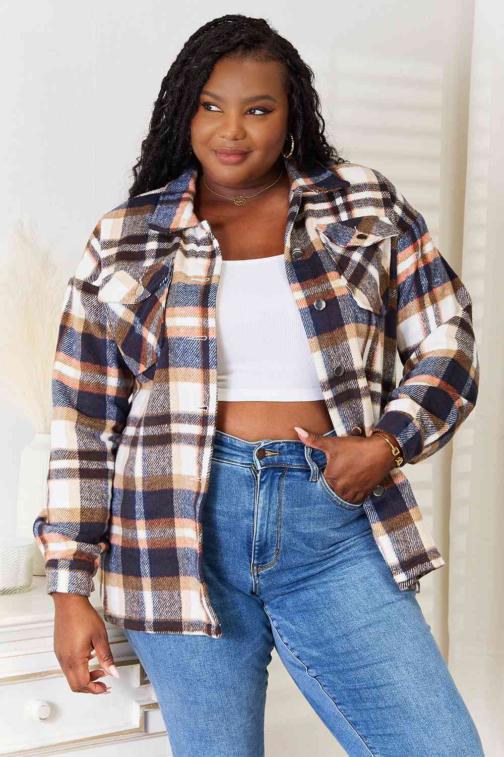 Double Take Plaid Button Front Shirt Jacket with Breast Pockets Navy