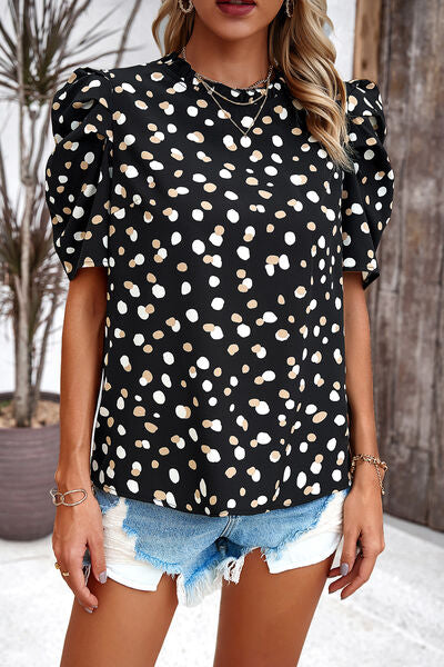 Tied Printed Puff Sleeve Blouse Black