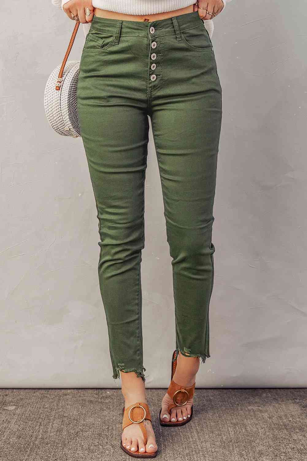 Baeful Button Fly Hem Detail Skinny Jeans Moss