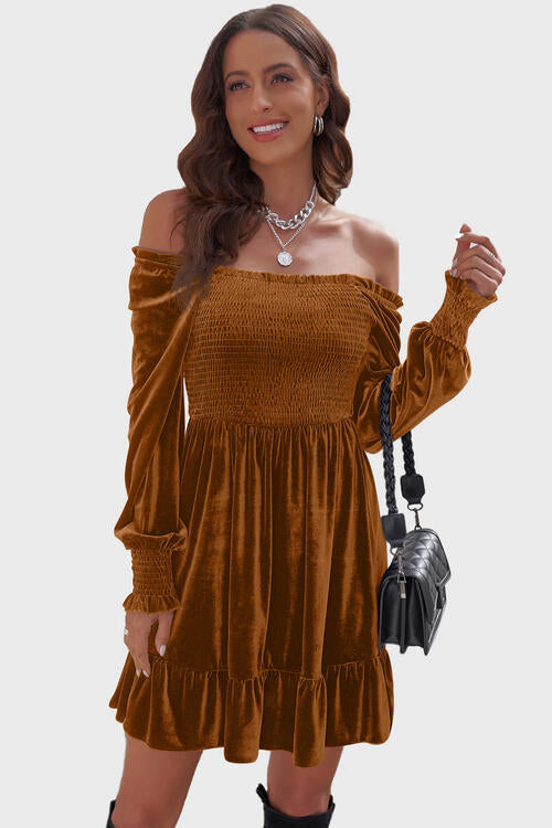 Square Neck Smocked Ruffle Hem Dress Ochre