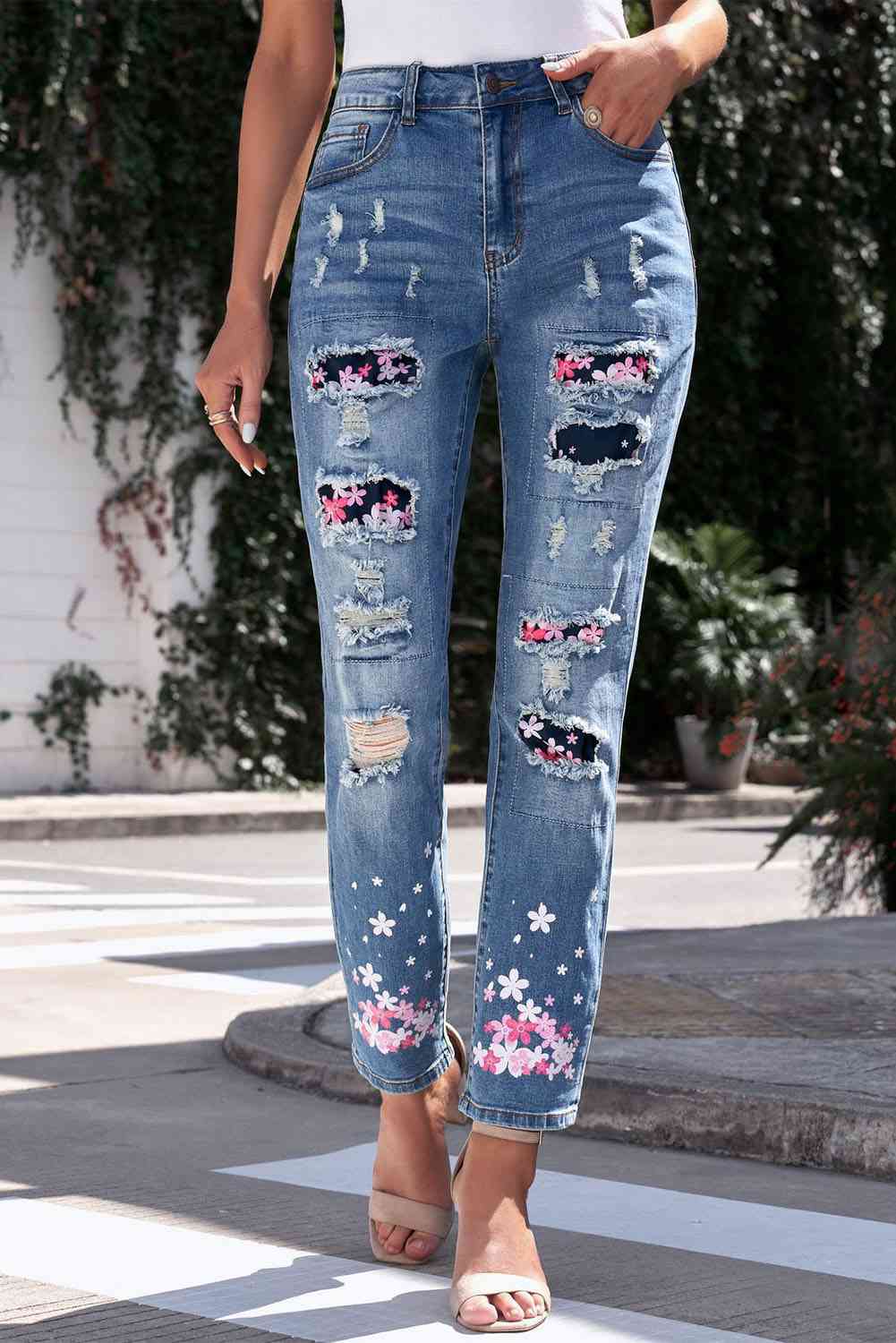 Baeful Printed Patch Distressed Boyfriend Jeans Floral