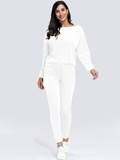 Boat Neck Dropped Shoulder Top and Pants Set White