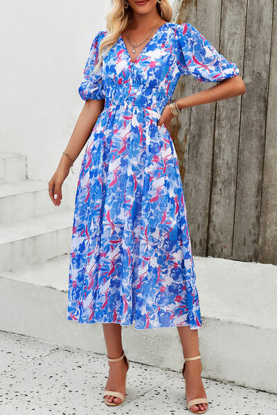 Smocked Printed V-Neck Short Sleeve Dress Ultra marine