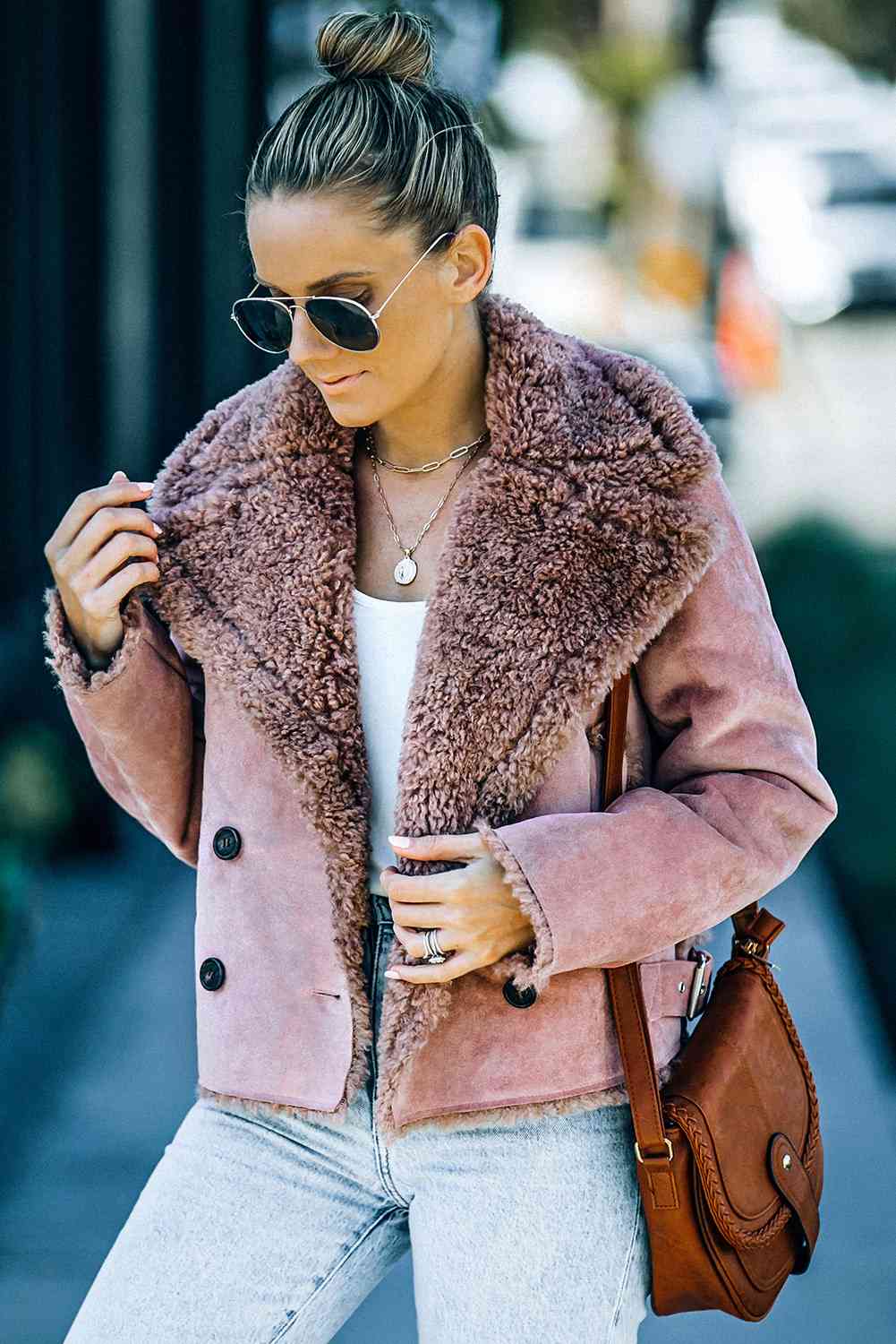 Plush Lining Suede Double-Breasted Jacket Pink S