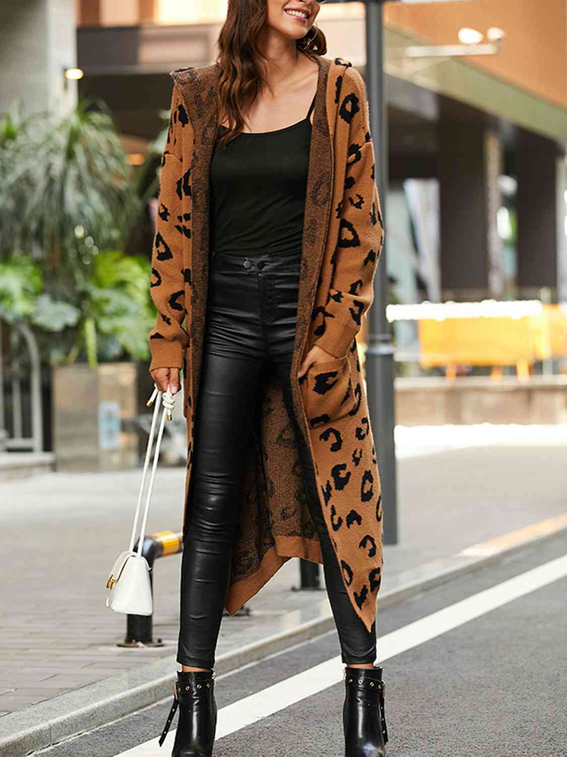 Leopard Hooded Cardigan with Pockets Caramel