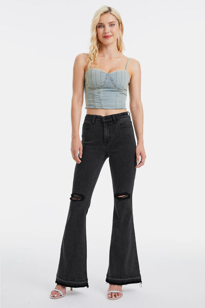 BAYEAS Full Size High Waist Distressed Raw Hem Flare Jeans BLACK