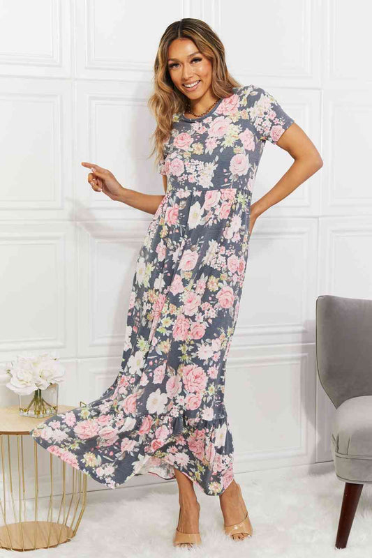 BOMBOM In Bloom Floral Tiered Maxi Dress Mid Gray