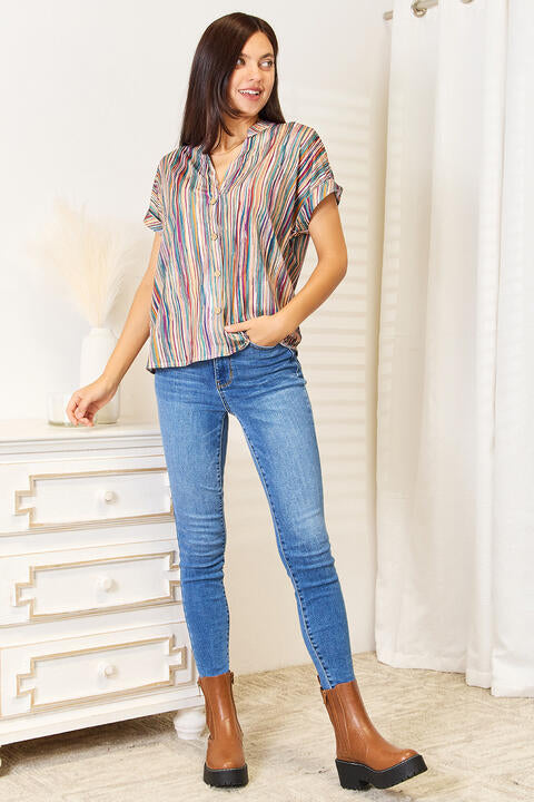 Double Take Multicolored Stripe Notched Neck Top