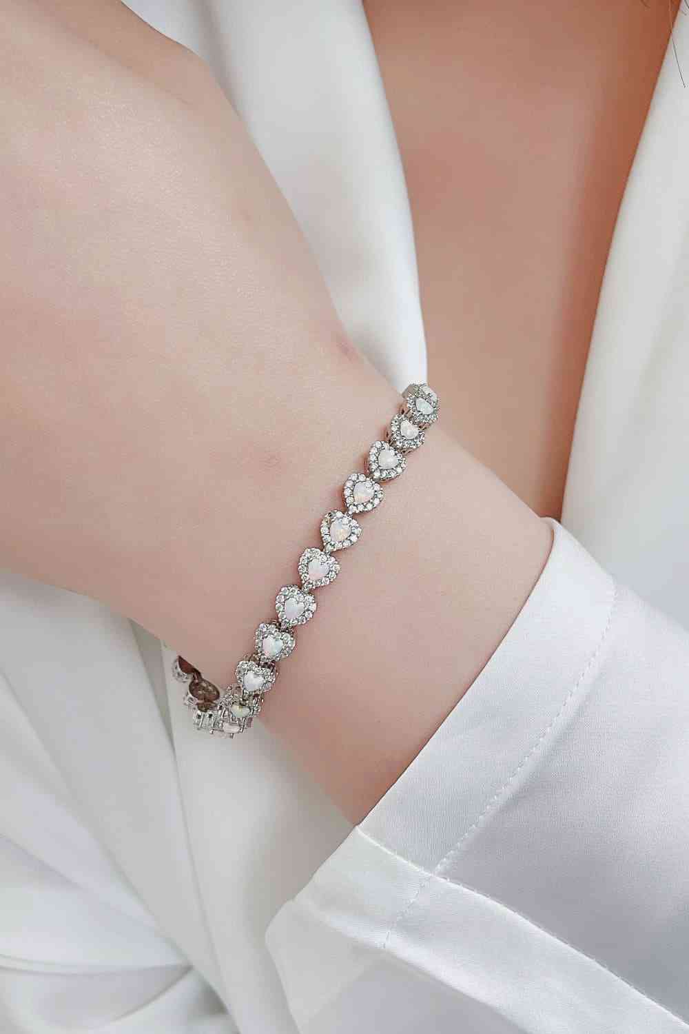 925 Sterling Silver Opal Heart Bracelet White One Size