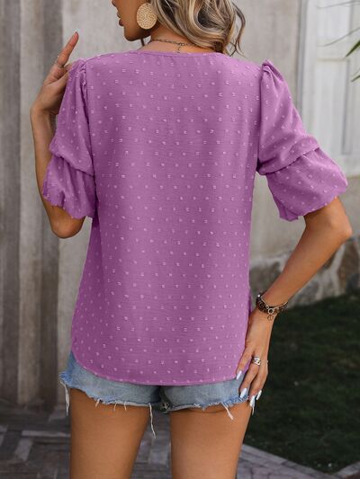 Swiss Dot V-Neck Short Sleeve Blouse