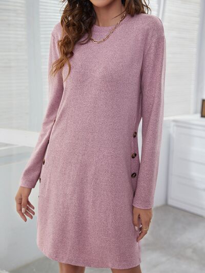 Decorative Button Round Neck Long Sleeve Dress