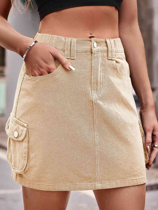 Denim Mini Skirt with Pockets Tan
