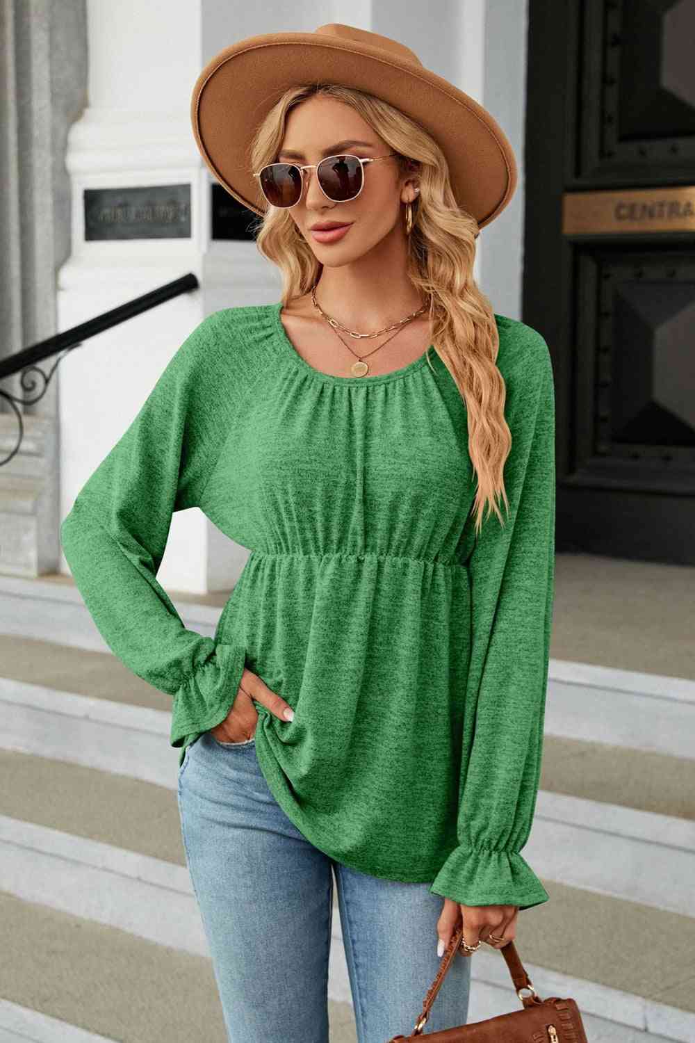 Round Neck Flounce Sleeve Blouse Mid Green