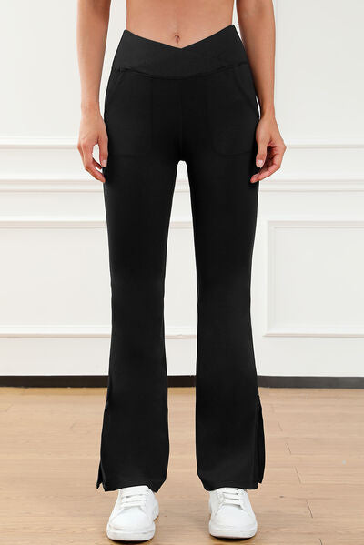 Wide Waistband Slit Bootcut Active Pants Black