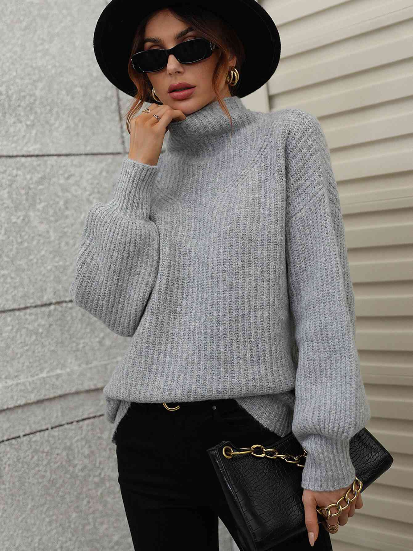 Woven Right High Neck Balloon Sleeve Rib-Knit Pullover Sweater Gray
