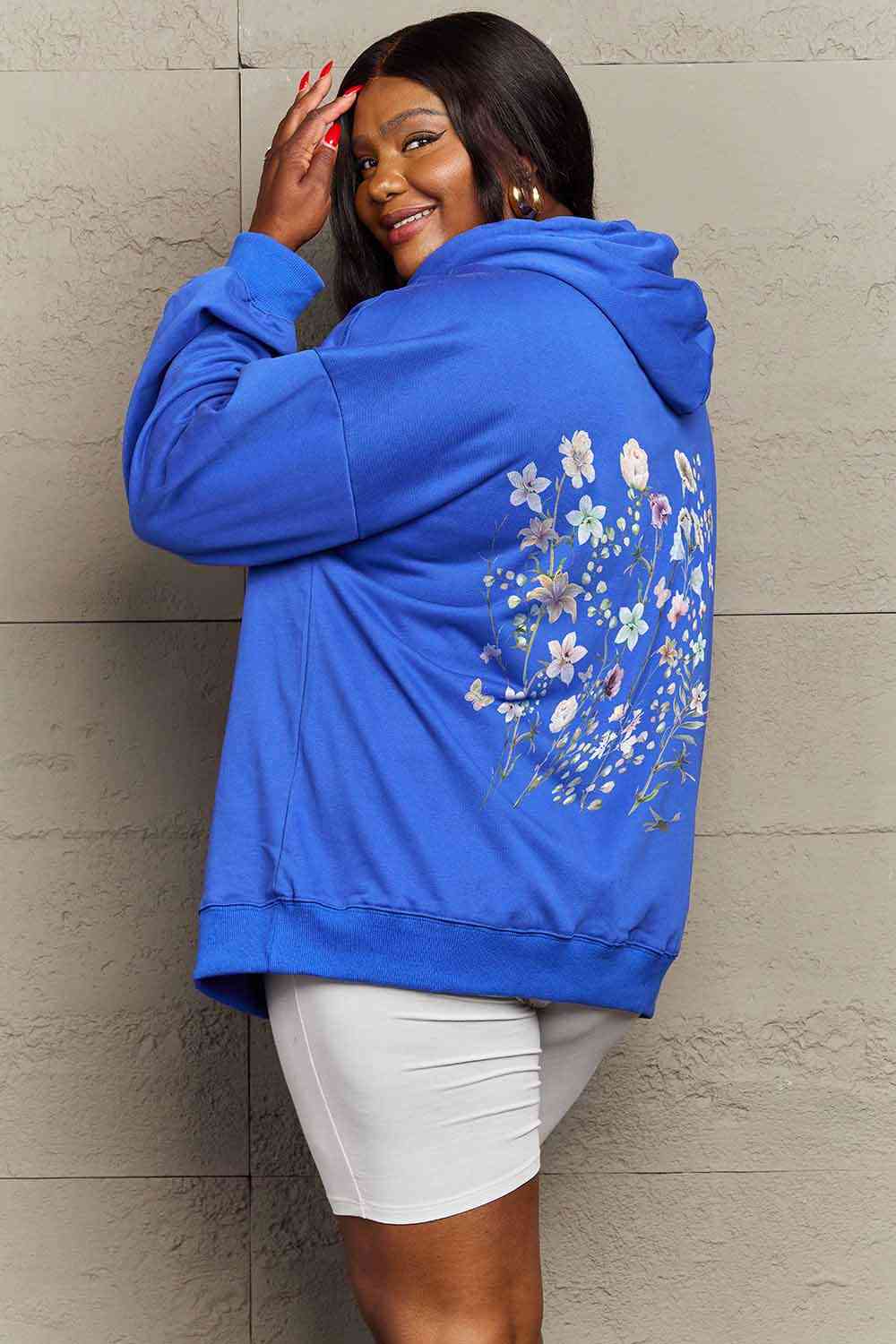 Simply Love Simply Love Full Size Flower Graphic Dropped Shoulder Hoodie Royal Blue