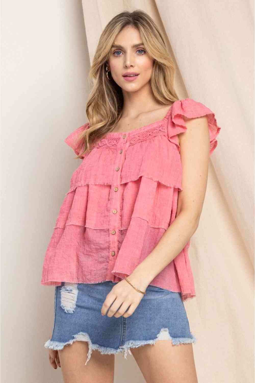 ODDI Full Size Buttoned Ruffled Top Strawberry