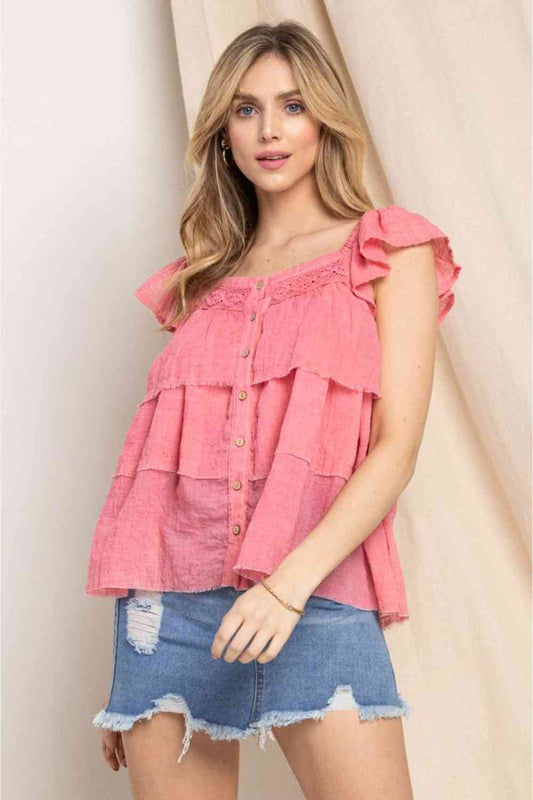 ODDI Full Size Buttoned Ruffled Top Strawberry