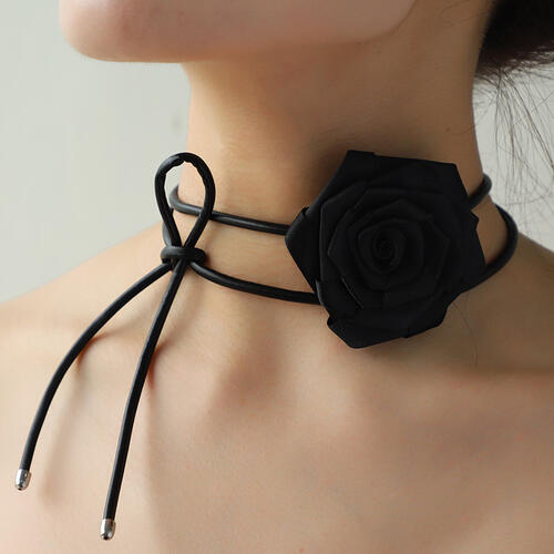 PU Leather Rope Rose Shape Necklace Black One Size