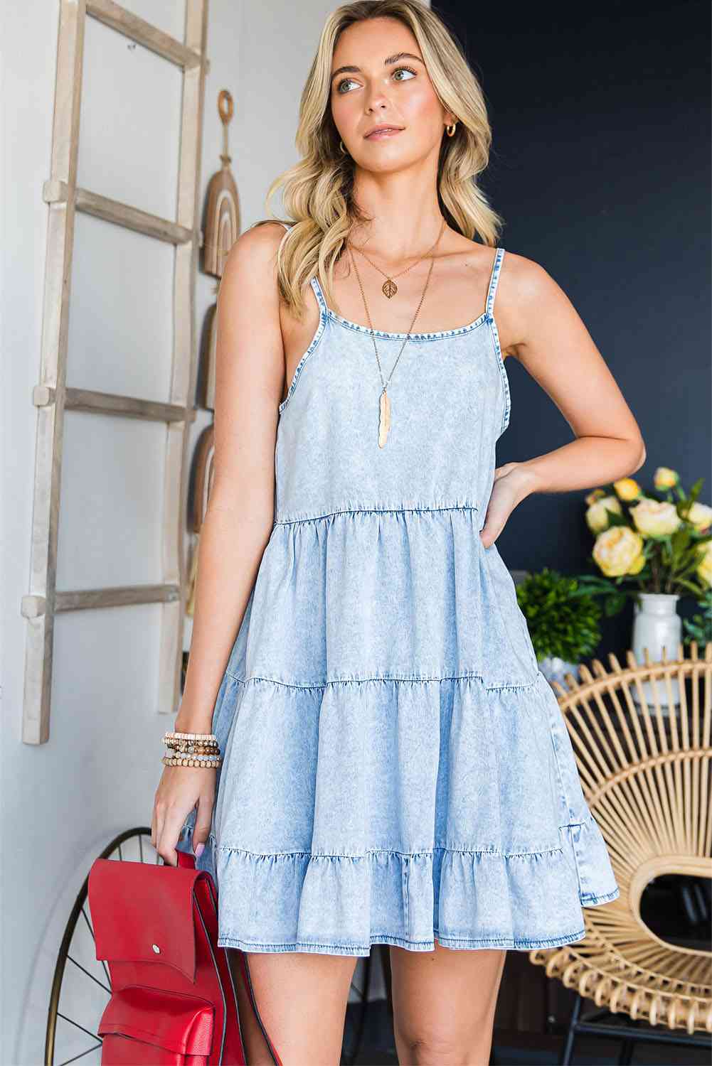 Spaghetti Strap Tiered Denim Dress Sky Blue