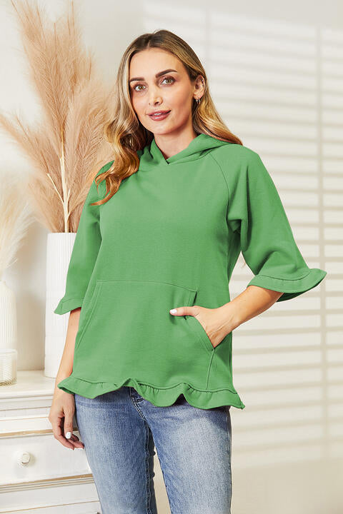 Ninexis Full Size Raglan Sleeve Ruffled Hoodie with Pocket Matcha Green