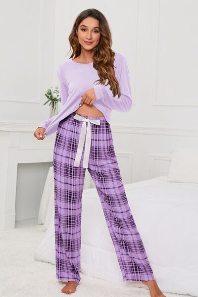 Round Neck Long Sleeve Top and Bow Plaid Pants Lounge Set Lavender