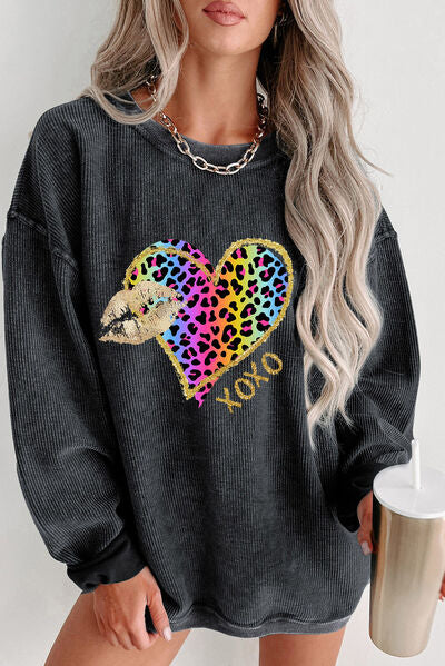 XOXO Leopard Round Neck Sweatshirt Charcoal