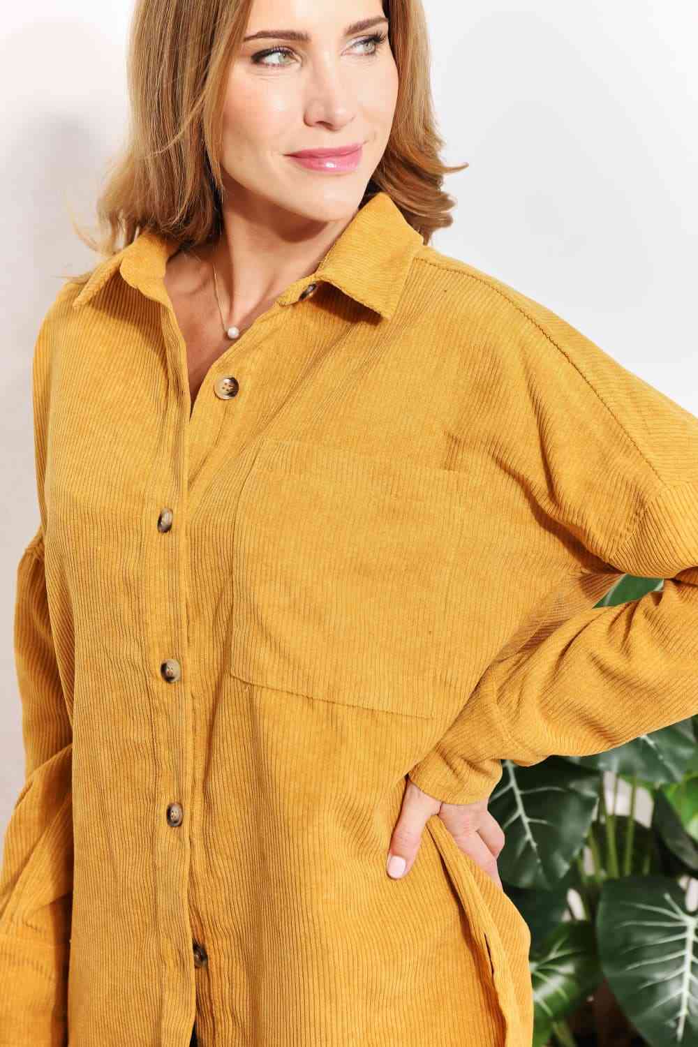 HEYSON Full Size Oversized Corduroy Button-Down Tunic Shirt with Bust Pocket