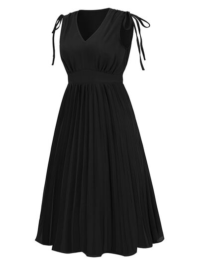 Pleated V-Neck Sleeveless Midi Dress