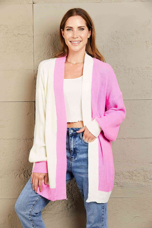 Woven Right Contrast Open Front Dropped Shoulder Longline Cardigan Hot Pink