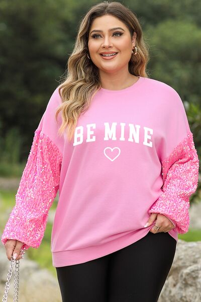 Plus Size BE MINE Sequin Round Neck Sweatshirt Carnation Pink