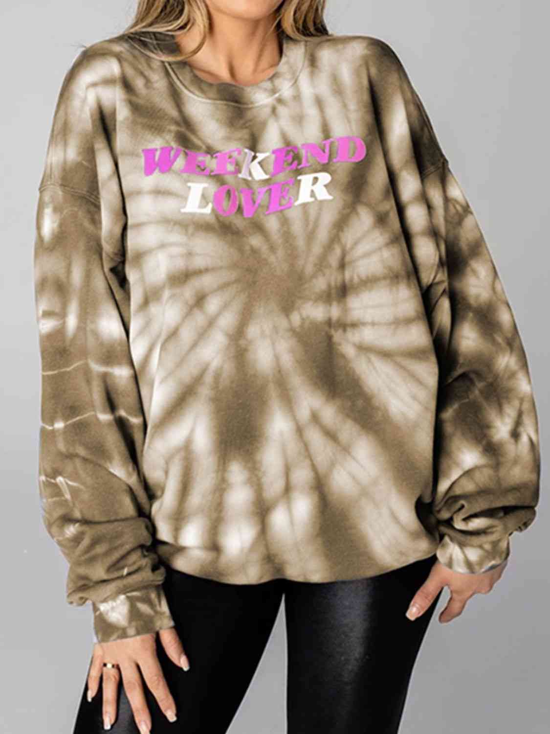 WEEKEND LOVER Graphic Tie-Dye Sweatshirt Taupe