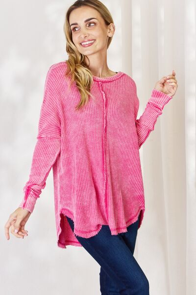 Zenana Oversized Washed Waffle Long Sleeve Top Fuchsia