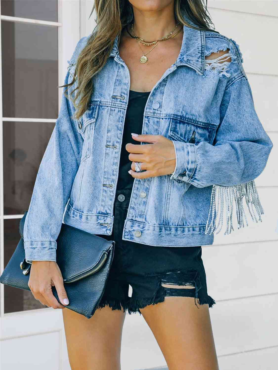 Distressed Fringe Denim Jacket Misty Blue