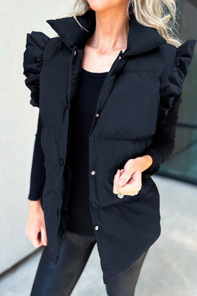 Ruffled Snap Down Mock Neck Vest Coat Black