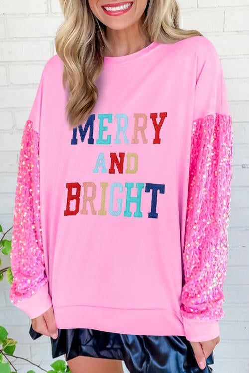 MERRY AND BRIGHT Sequin Long Sleeve Sweatshirt Carnation Pink