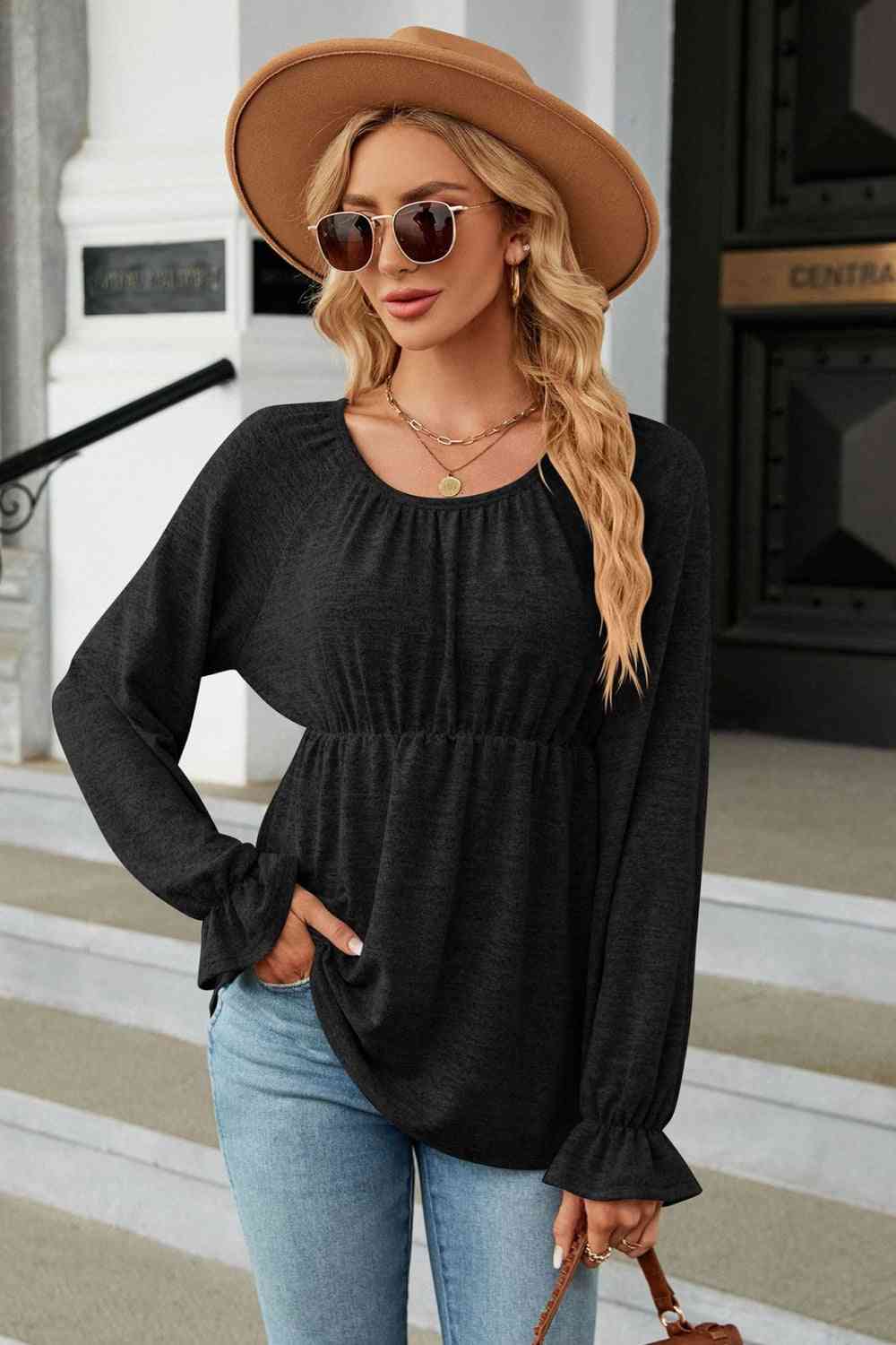 Round Neck Flounce Sleeve Blouse Black