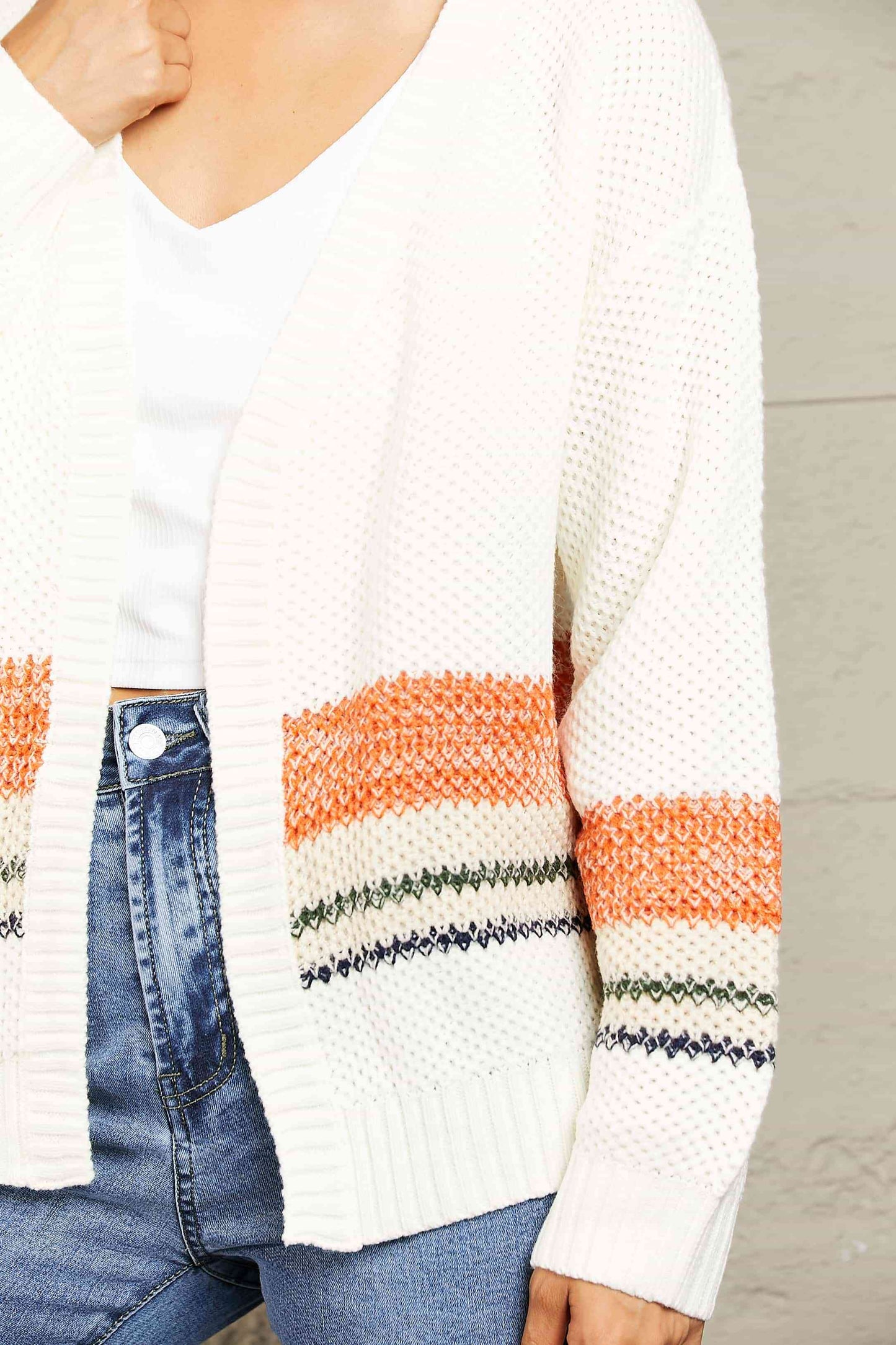 Woven Right Color Block Open Front Drop Shoulder Cardigan