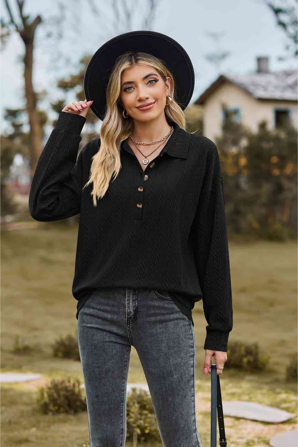 Collared Neck Long Sleeve Blouse Black