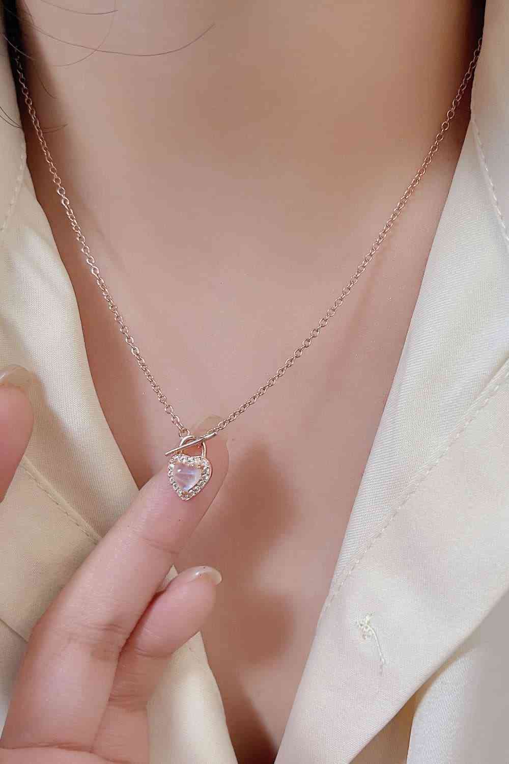 Moonstone Heart Lock Pendant Necklace Rose Gold One Size