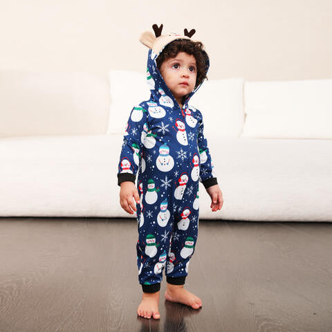 Snowman Print Hooded Jumpsuit Peacock Blue