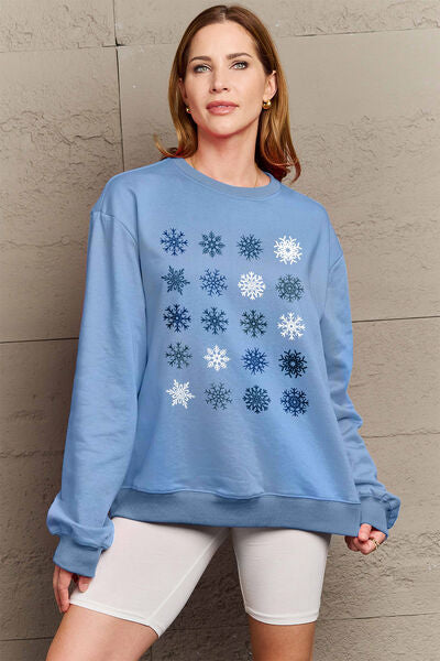 Simply Love Full Size Snowflakes Round Neck Sweatshirt Misty Blue