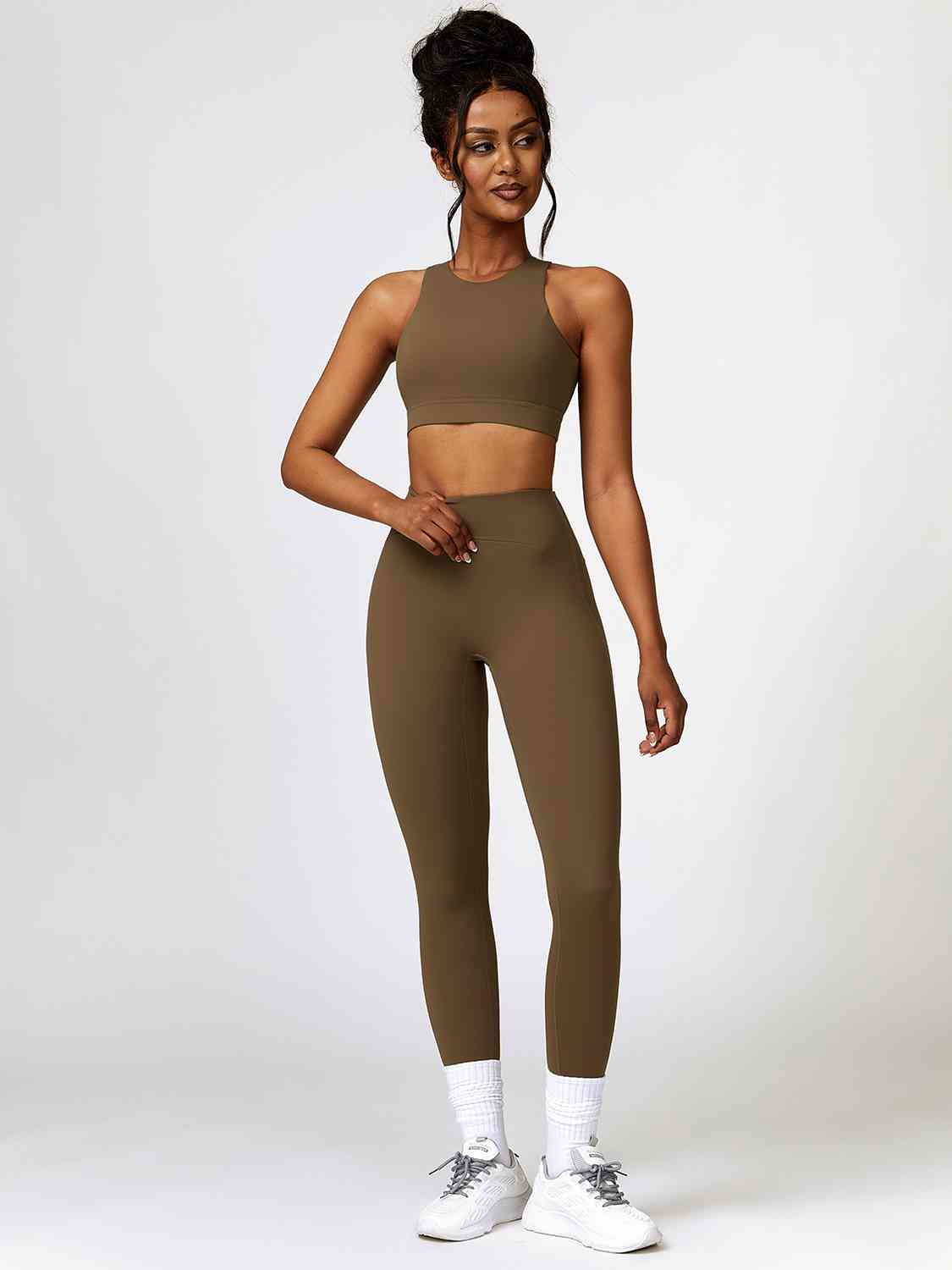 Cutout Cropped Sport Tank and Leggings Set Olive Brown