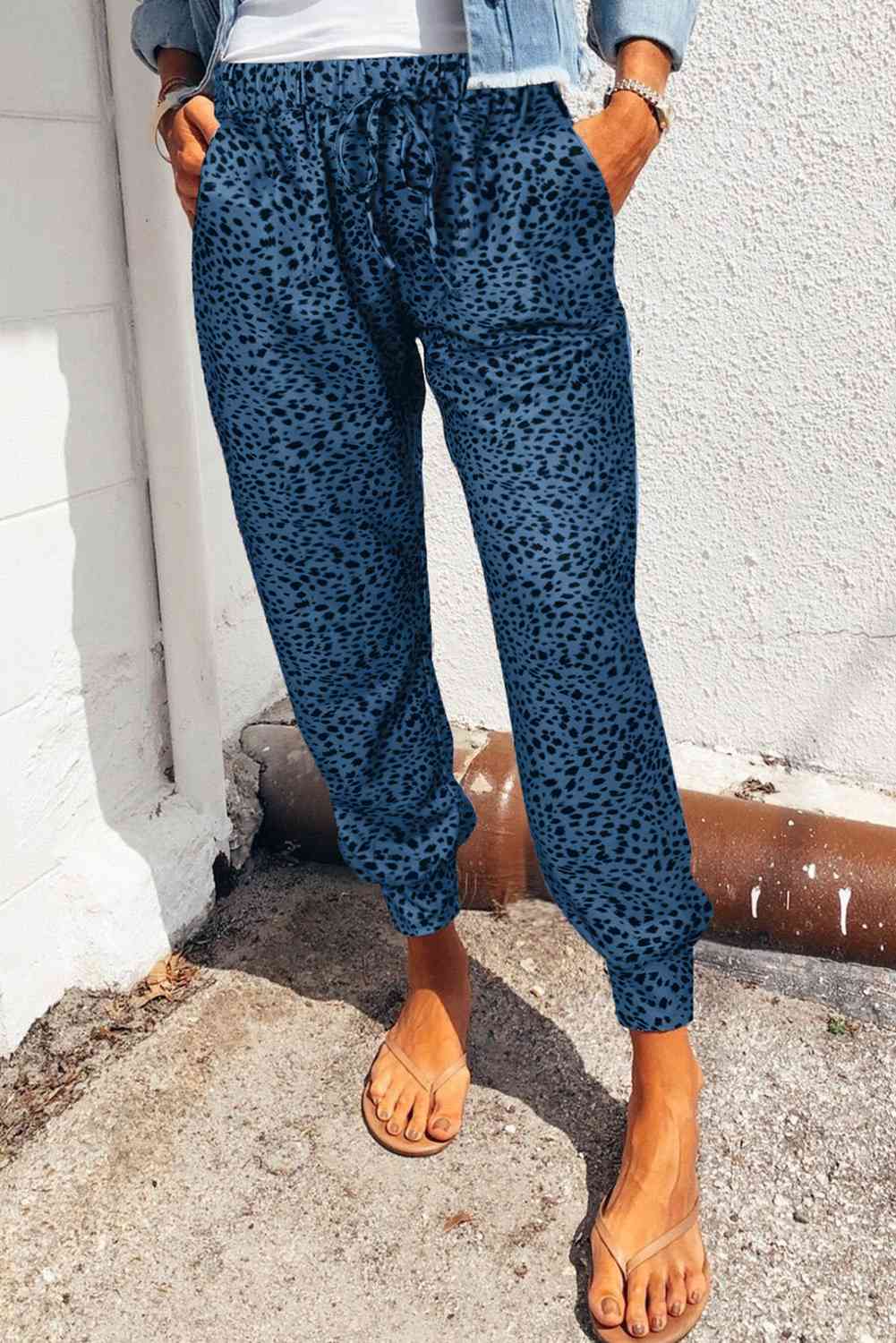 Double Take Leopard Print Joggers with Pockets Peacock Blue