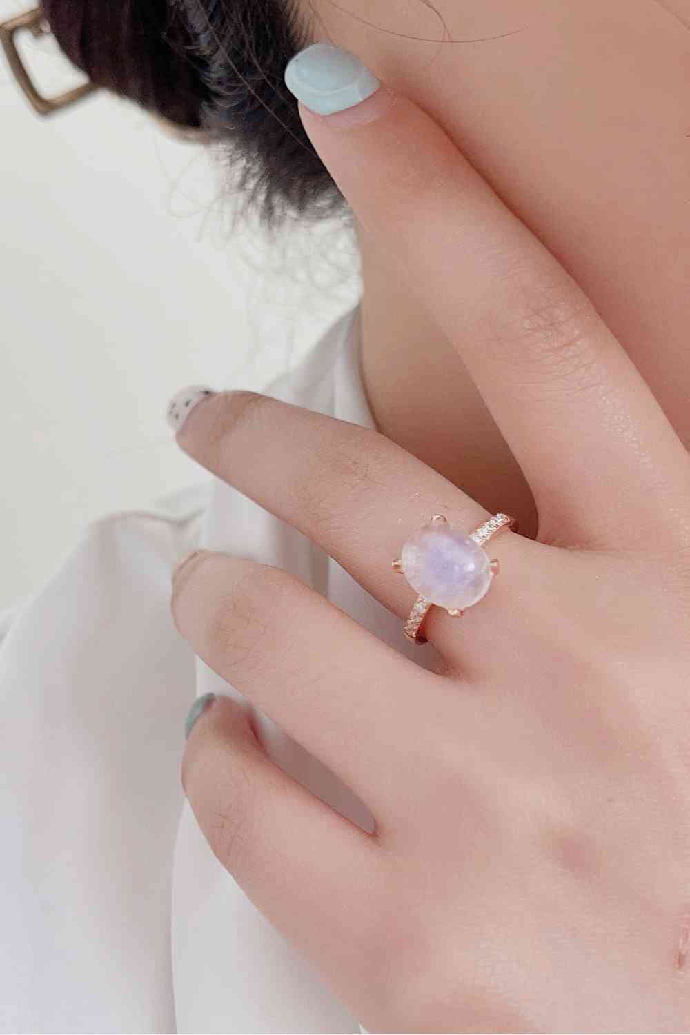 High Quality Natural Moonstone 925 Sterling Silver Side Stone Ring Rose Gold