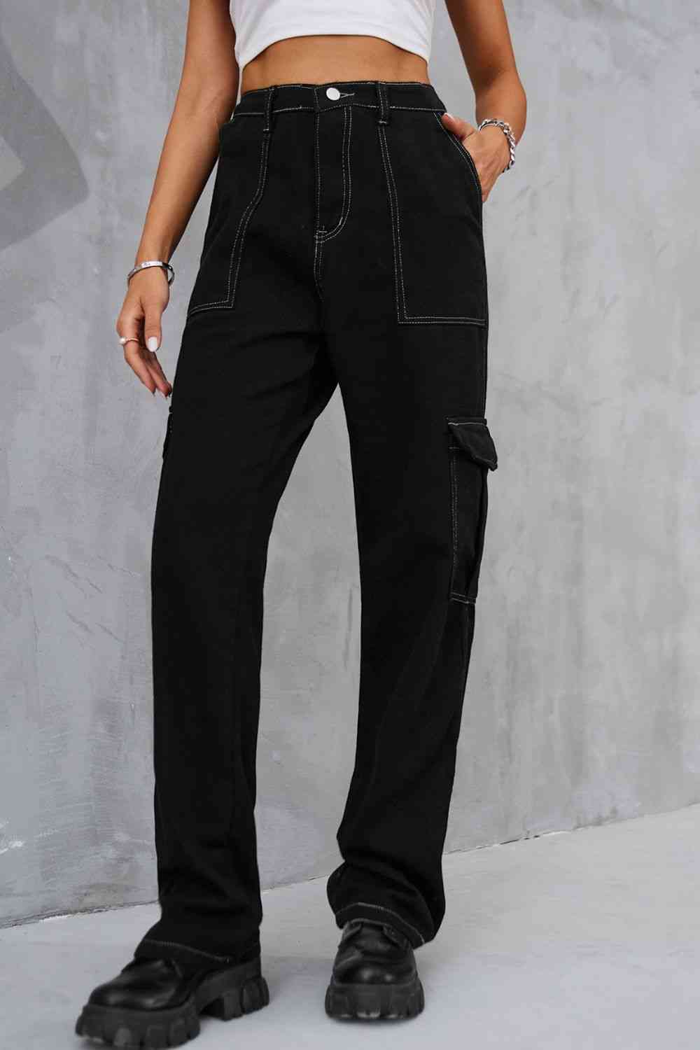 Baeful Long Straight Leg Jeans with Pockets Black/White