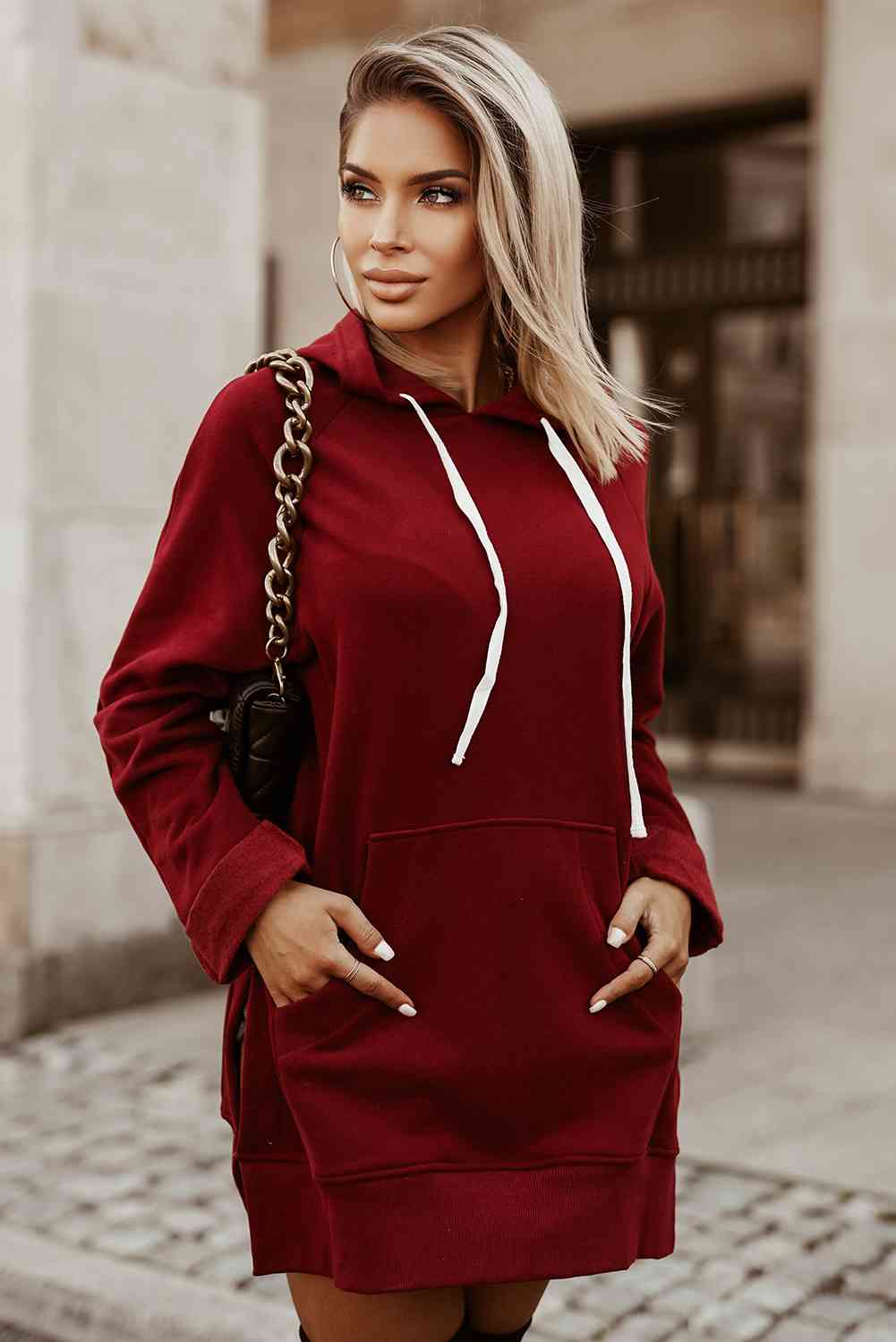 Side Slit Raglan Sleeve Hoodie Red